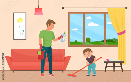 Father and son housekeeping together, clean home apartment, family housework vector illustration. Cartoon cute boy kid character holding mop and washing floor, dad cleaning living room background