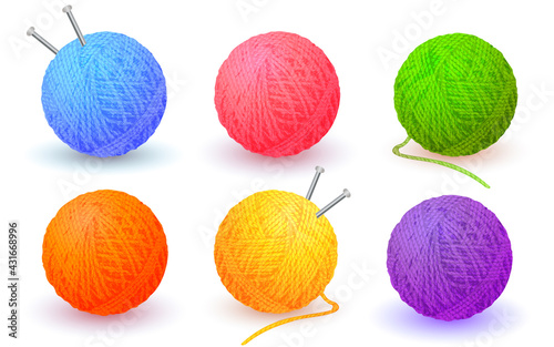 Different color balls of yarn threads. Bundles of wool for knitting isolated on white background. Realistic detailed colored yarn balls with knitting needles. Skeins of wool. Vector illustration EPS10