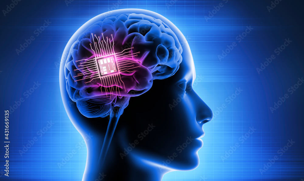 Micro chip and human brain - Neuron technology concept - 3D illustration