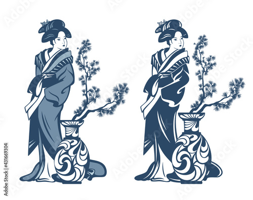 japanese geisha wearing traditional kimono clothes standing by vase with pine tree branches - winterl season vector design set