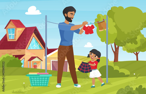 Family wash clothes, domestic household chores vector illustration. Cartoon young father character holding cloth, girl daughter helping dad hanging and drying washed clothes in backyard background