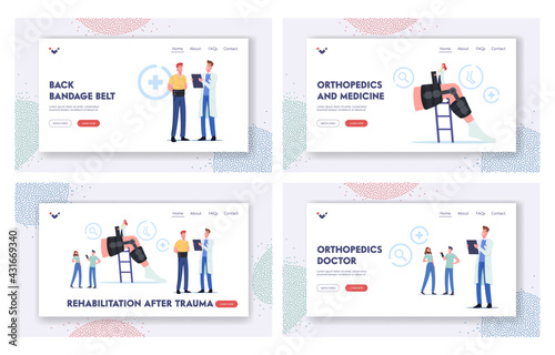 Orthopedics Healthcare Landing Page Template. Tiny Orthopedist Doctor Character at Huge Leg with Bandage Brace