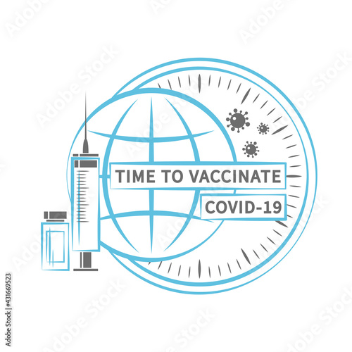 Time to covid-19 vaccinate icon. Syringe, bottles of vaccine and Timer clock. Coronavirus vaccination and immunization  concept. Vector illustration isolated on white background
