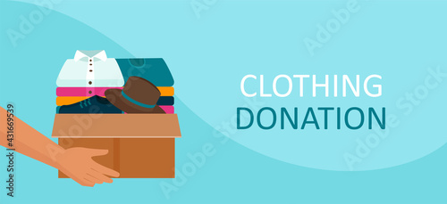 Donation concept. Vector of a man holding a cardboard box full of clothes