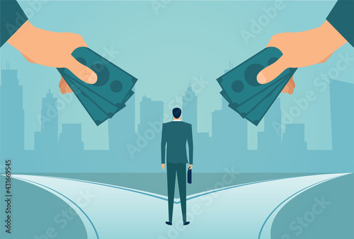Vector of a business man standing at cross his career being offered financial incentives