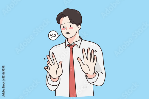 Stop, forbidden sign, refusal concept. Young frustrated handsome businessman wearing tie standing Moving away hands palms showing refusal and denial vector illustration 