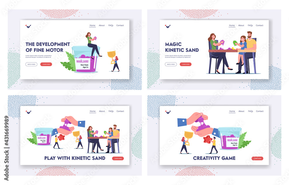 Amusement Spare Time Landing Page Template Set. Family Characters Parents and Kids Playing with Kinetic Magic Sand