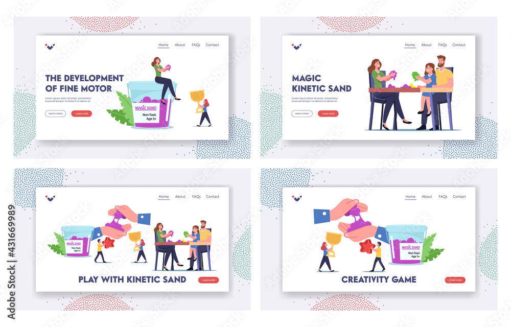 Amusement Spare Time Landing Page Template Set. Family Characters Parents and Kids Playing with Kinetic Magic Sand Amusement Spare Time Landing Page Template Set. Family Characters Parents and Kids Playing with Kinetic Magic Sand