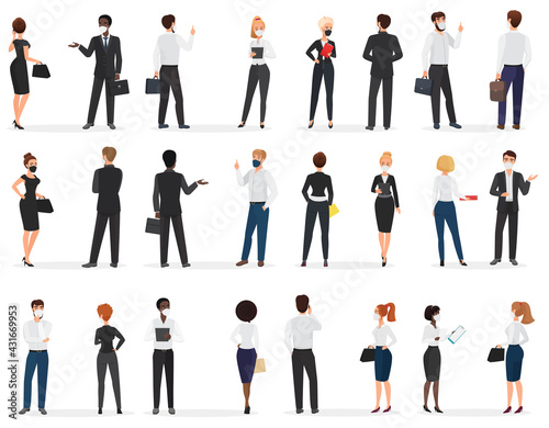 Business people conversation at pandemic cartoon vector illustration set. White and black men and women in mask, in formal suit discuss talking at distance to protect from coronavirus infection