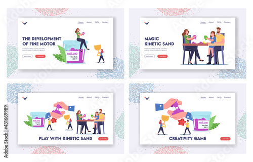 Amusement Spare Time Landing Page Template Set. Family Characters Parents and Kids Playing with Kinetic Magic Sand