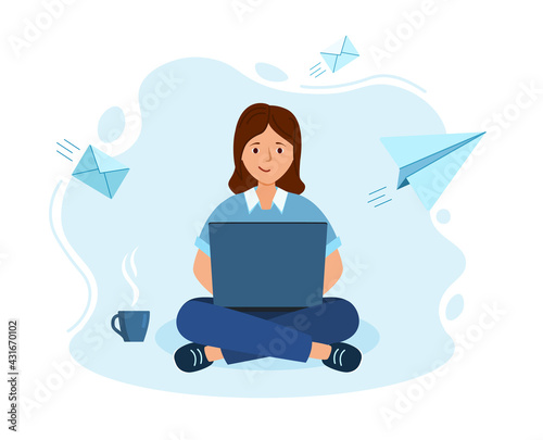 Woman work on laptop in office. Studying distantly from home in coronavirus.