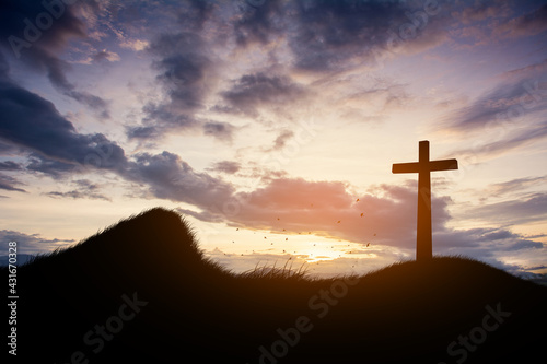 Concept conceptual black cross religion symbol silhouette in grass over sunset or sunrise sky © Kalawin