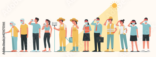 Group of occupation people characters wearing mask standing together in sunny weather in summer and having heatstroke symptoms, vector flat illustration photo