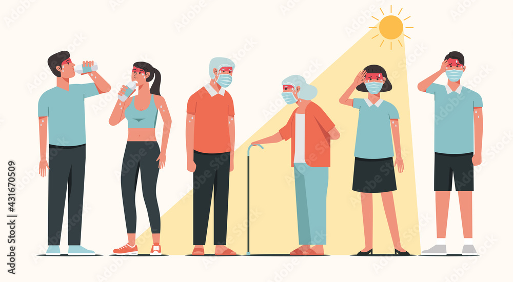 Group of people characters standing together in sunny weather in summer and having heatstroke symptoms, vector flat illustration Group of people characters standing together in sunny weather in summer and having heatstroke symptoms, vector flat illustration
