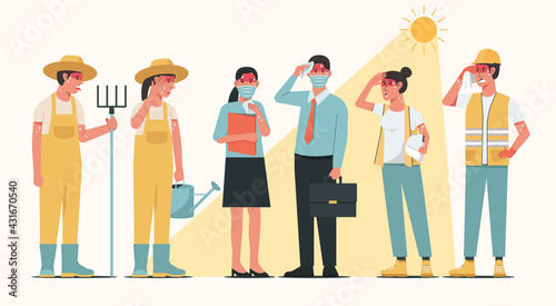 Group of working people characters standing together in sunny weather in summer and having heatstroke symptoms, vector flat illustration