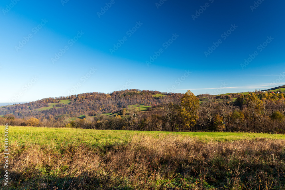 Autumn rolling landscape with smaller hills, meadow, forest and clear sky
