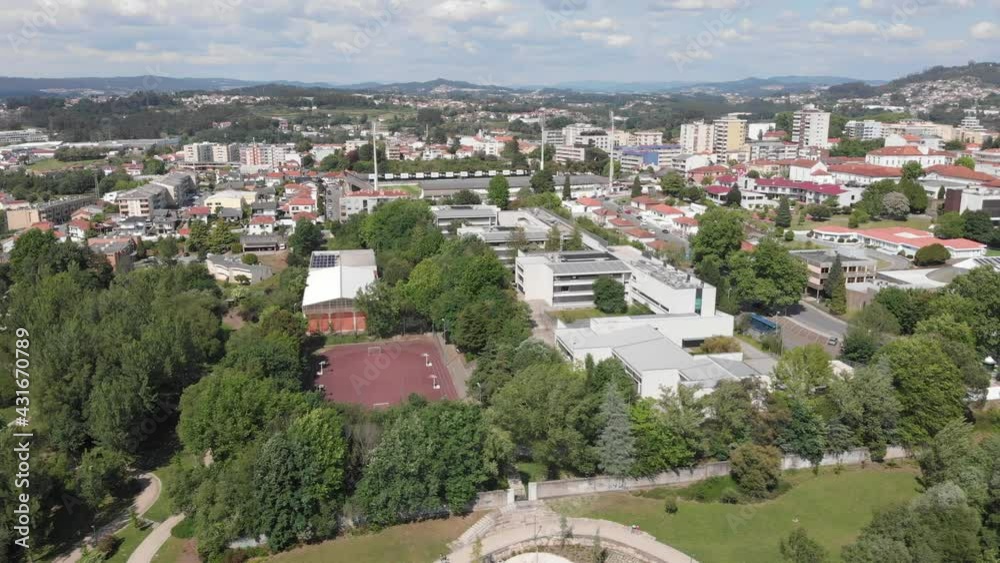Santo Tirso, Portugal - May 1, 2021: DRONE AERIAL FOOTAGE - The Dom Dinis High School in Santo Tirso, Portugal.