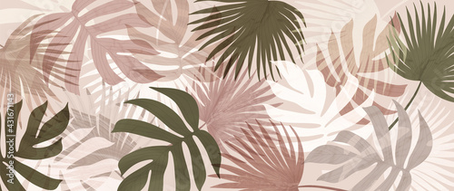 Abstract art tropical leaves background vector. Wallpaper design with watercolor art texture from palm leaves, Jungle leaves, monstera leaf, exotic botanical floral pattern. Design for banner, cover, 