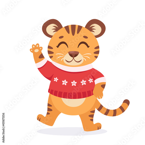 Cute tiger in a sweater wishes a Merry Christmas and Happy New Year 2022. Year of the tiger. Vector illustration