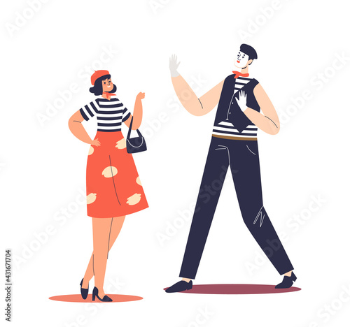 Typical french cartoon characters: male mime artist and female wearing stereotypical France clothes