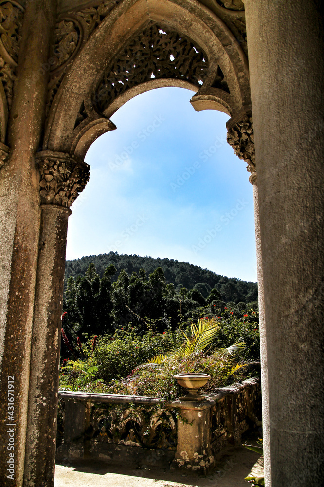 Carved stone arcades and columns of Monserrate palace in Sintra