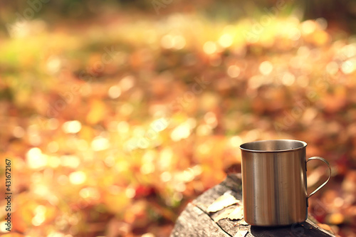 iron mug with hot tea on a camping trip active lifestyle autumn yellow park