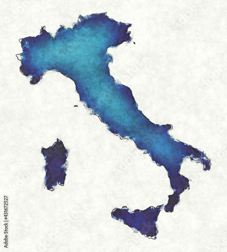 Italy map with drawn lines and blue watercolor illustration
