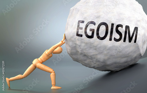 Photography Egoism and painful human condition, pictured as a wooden human figure pushing he