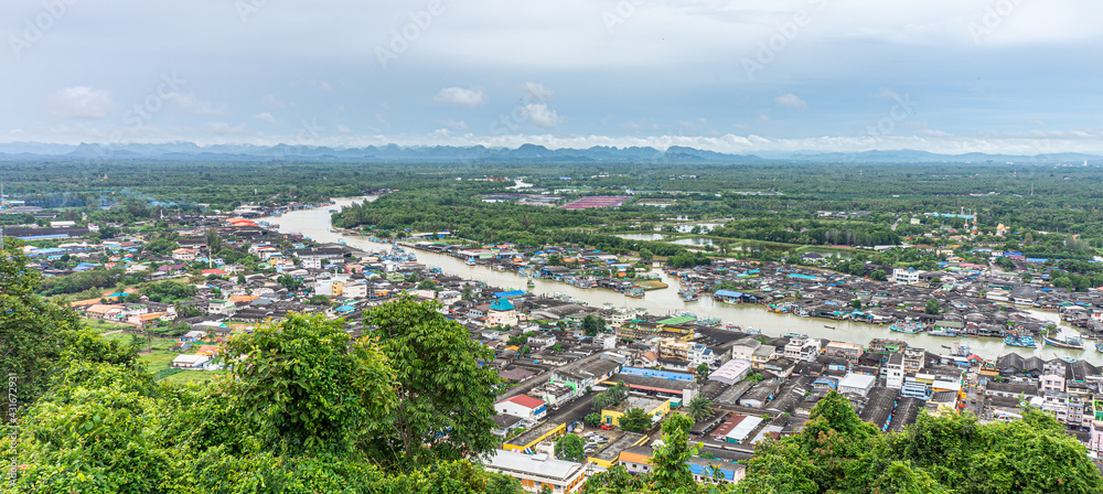 Panorama of Paknam Chumphon from view point. The location of seashore tourist attraction in Chumphon province, Thailand.