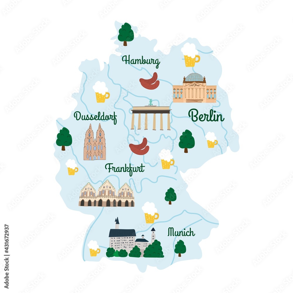 Hand drawn illustrated map of Germany with rivers and city