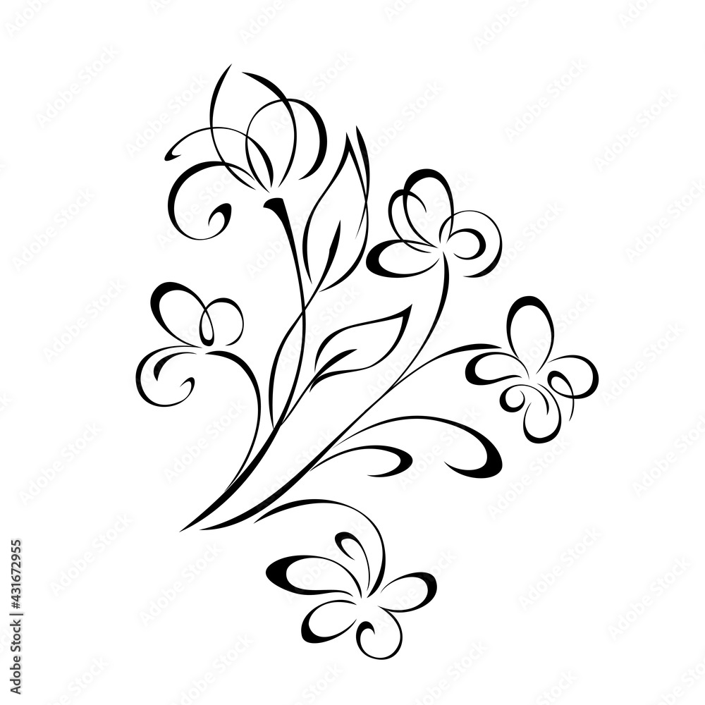 ornament 1744. several blooming stylized flowers on stems with leaves and curls black lines on a white background