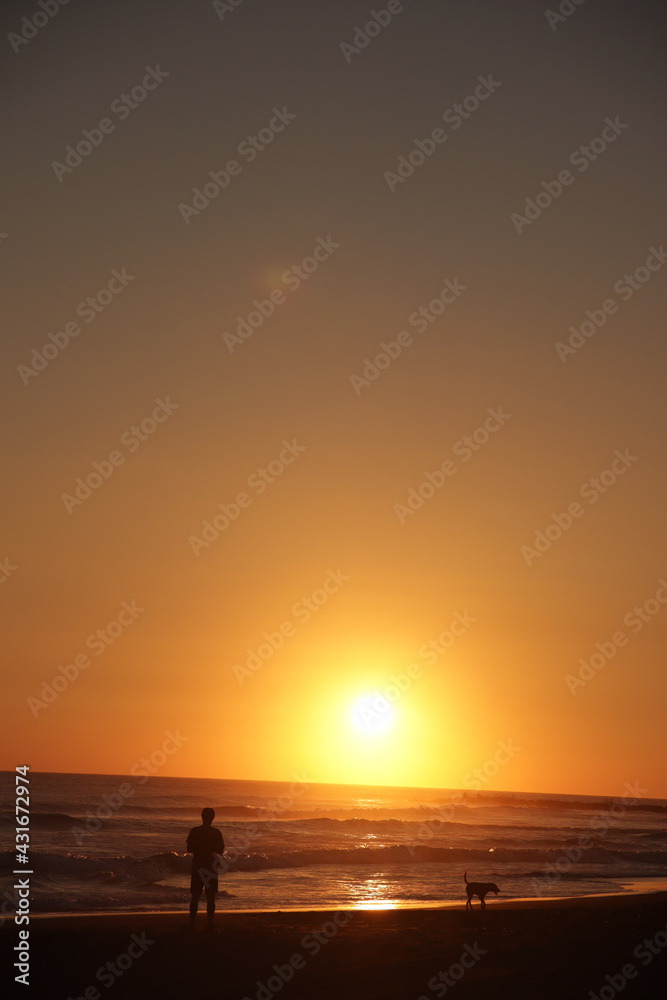 sunset on the beach with a man and dog