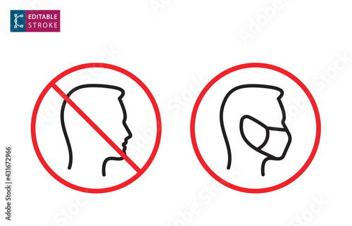 No entry without face mask icon. Editable stroke.
