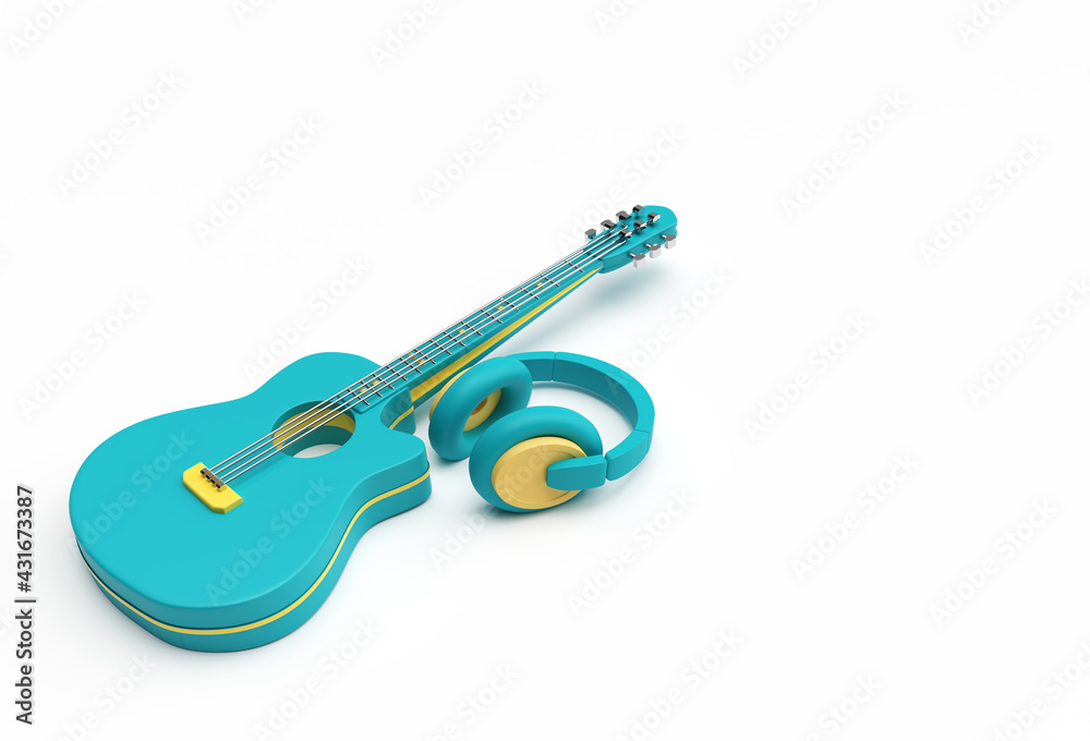3D Render Acoustic Guitar with Music headphone 3d illustration Design. 3D Render Acoustic Guitar with Music headphone 3d illustration Design.