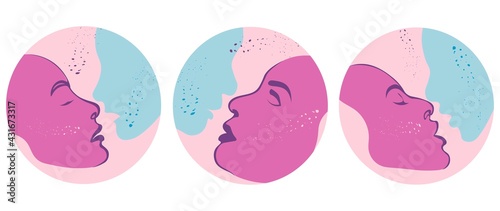 Set of round social media icon templates. Drawn silhouettes of female and male faces with abstract dots in different sizes and shapes. 