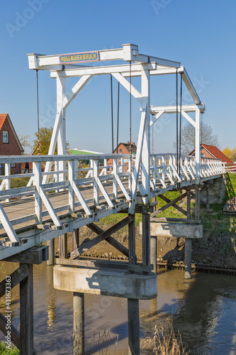 Historic wooden drawbridge at Steinkirchen  Altes Land region  Lower Saxony  Germany