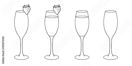Wine or Champagne glass icon set. Hand drawn outline sketch. Cocktail with strawberry. Vector illustration.