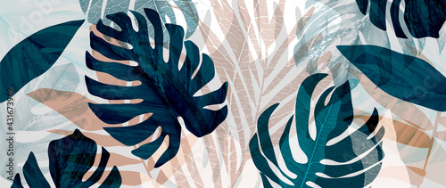 Abstract art tropical leaves background vector. Wallpaper design with watercolor art texture from palm leaves, Jungle leaves, monstera leaf, exotic botanical floral pattern. Design for banner, cover, 