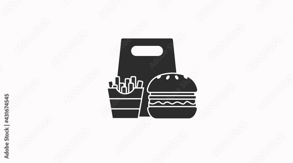Vector Isolated Illustration of Burger and Fries and a take away bag. Black and White Burger and Fries take away icon Vector Isolated Illustration of Burger and Fries and a take away bag. Black and White Burger and Fries take away icon
