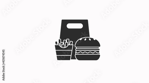 Vector Isolated Illustration of Burger and Fries and a take away bag. Black and White Burger and Fries take away icon