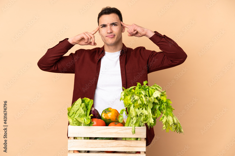 Farmer with freshly picked vegetables in a box isolated on beige background having doubts and thinking Farmer with freshly picked vegetables in a box isolated on beige background having doubts and thinking