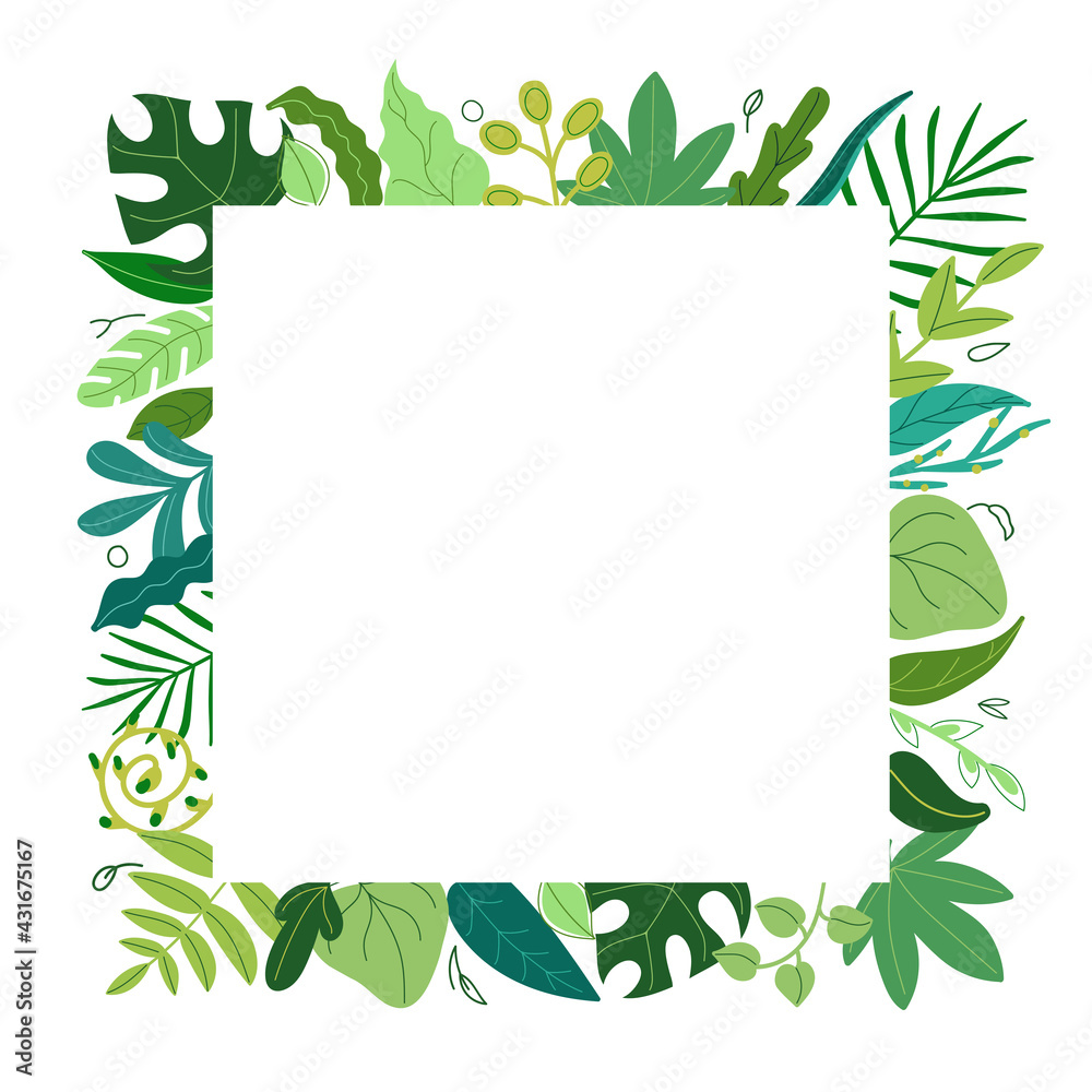 Obraz premium Square frame made of various green leaves. Summer tropical border template,freshness of green foliage. Vector illustration.