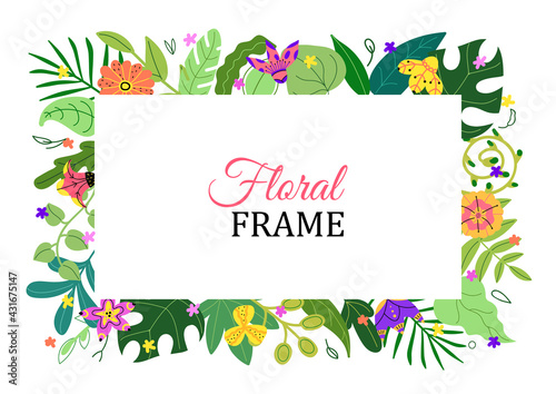 Horizontal rectangular frame of various green leaves and multicolored tropical flowers.Summer and spring floral border template, exotic and bright background. Vector illustration.