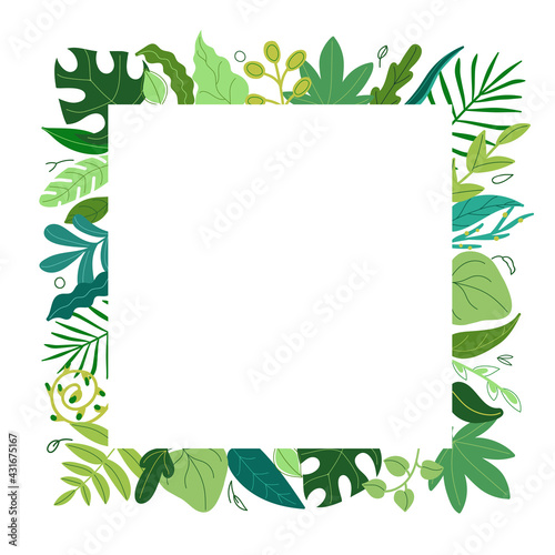 Square frame made of various green leaves. Summer tropical border template,freshness of green foliage. Vector illustration.