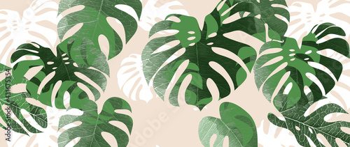 Abstract art tropical leaves background vector. Wallpaper design with watercolor art texture from palm leaves, Jungle leaves, monstera leaf, exotic botanical floral pattern. Design for banner, cover, 