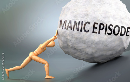 Manic episode and painful human condition, pictured as a wooden human figure pushing heavy weight to show how hard it can be to deal with Manic episode in human life, 3d illustration