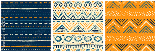 Set of seamless geometric patterns. Ethnic and tribal motives. Bohemian print for textiles, packaging, home decor. Grunge vintage texture. Vector illustration.