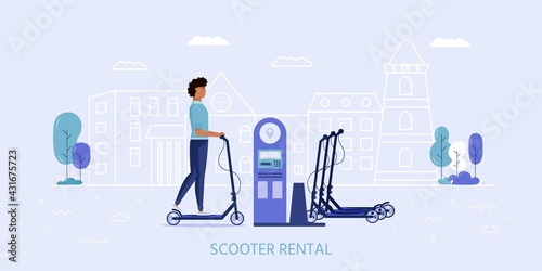 Men drive eco city transportation in public park. Personal electric transport, green electro scooter, hoverboard, gyroscooter, unicycle and bike. Ecological vehicle scooter rental concept