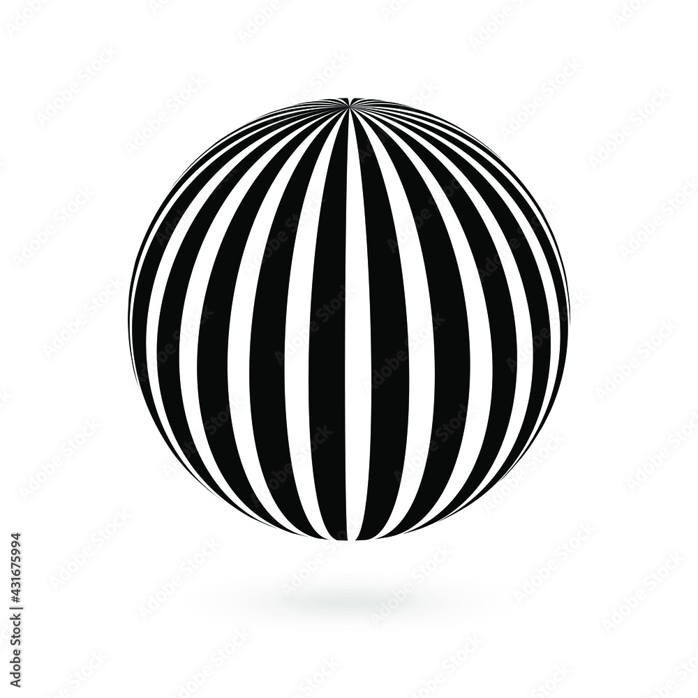 Decorative ball with black vertical stripes on white. Design elements for advertising flyer, presentation template, brochure layout, book cover. Vector 3d graphics. Decorative ball with black vertical stripes on white. Design elements for advertising flyer, presentation template, brochure layout, book cover. Vector 3d graphics.