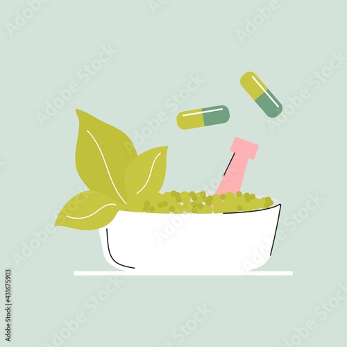 Green organic natural homeopathic pills in glass jars. Homeopathy treatment banner, herbal alternative medicine, essential natural oil, herb pharmacy, food supplement. flat vector